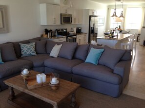 Dinning Kitchen & Living Room wide sofas facing back patio & p. fenced backyard