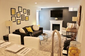 Breakfast bar and living room.