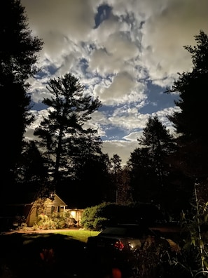 Night photo of guest cottage with stately tree.