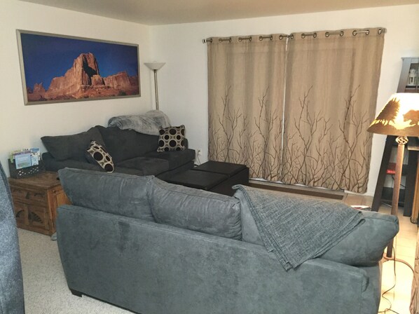 Spacious living room with two comfy couches. One is queen sleeper