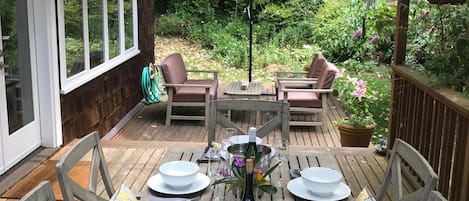 Al fresco dining on the deck! There is also a lovely view of the water. 