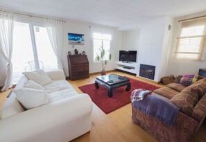 Large living room, wifi, chimney and smart television.