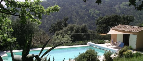 Piscine vue depuis l'aire, au sud de la maison