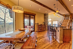 Plenty of seating at Kleinhaus, a 7ft farmhouse table and a breakfast bar. 