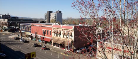 Aerial view of the building and Commercial St. Downtown Salem