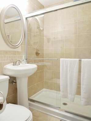 Get ready for your busy day of exploring in the spa like bathroom