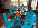 Colorful dinnerware, cookware, full
stainless kitchen w/dishwasher