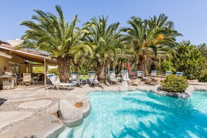 Lounge around the pool (Heatable by request ) surrounded by beautiful palm trees