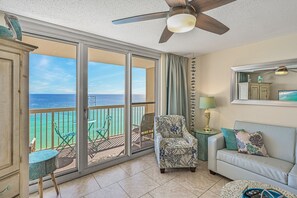 Direct views of turquoise water and sugary white sands