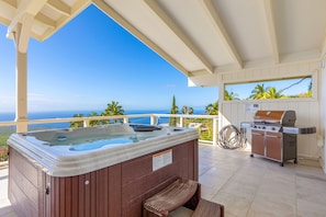 Six person hot tub and large Weber gas grill.
