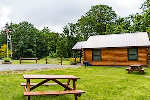 Picnic tables and BBQ grill outside cabin B