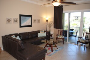 Beautiful family-friendly living space with top-grain leather sectional lounge.