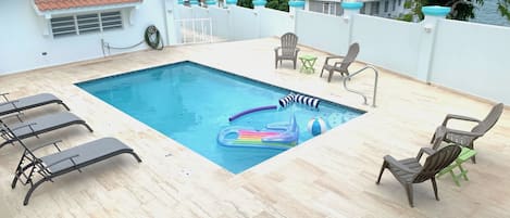 Added in 2021, heated pool behind the home. Pool floats and toys included!