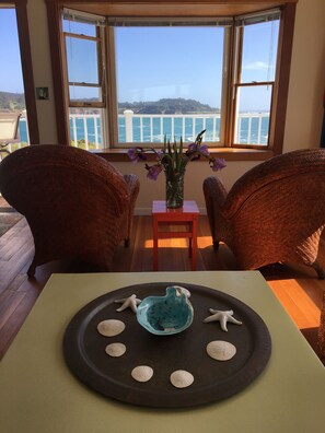 LIVING ROOM VIEW OF THE GORGEOUS MENDOCINO BAY ON A STUNNING MENDOCINO AFTERNOON