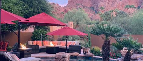 Poolside view.  Firepit & oversized hot tub.  Beats local 5-star resorts