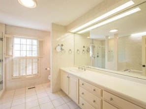 Huge Master bathroom with jacuzzi tub and walk in glass shower.