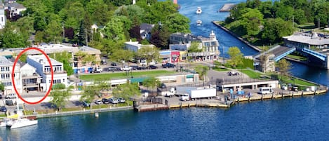 Aerial view  with the Lake View suite building circled in red.
