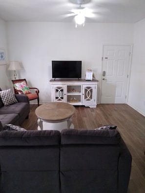 Hallway into Living Room with TV and Mirrored TV Stand