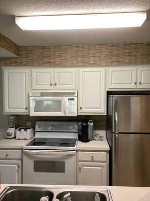 Fully equipped kitchen! Stainless steel refrigerator and dishwasher.