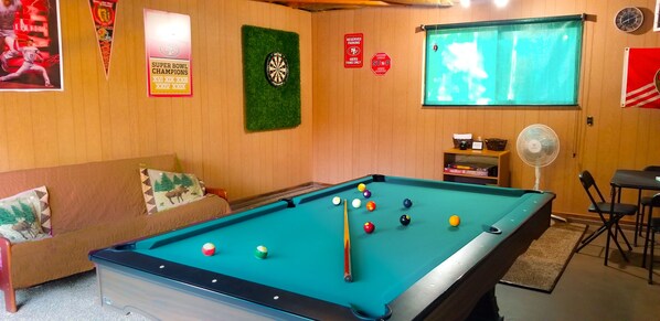 The Garage is now the ManCave! Pool, Darts, Cards, Games.Heated in Cooler Months