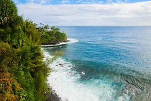 The view from the left deck looking down upon breaking waves