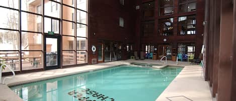 Large pool/Jacuzzi area adjacent to fitness center, separate male/female saunas.