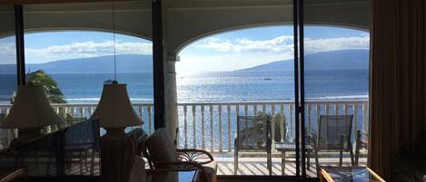 View from condo of Lanai , beach and ocean