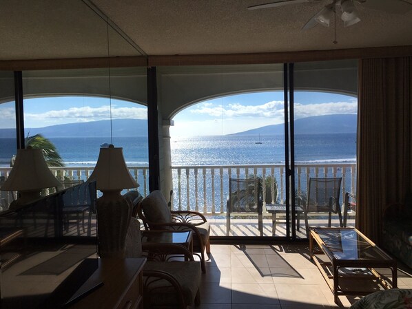 View from condo of Lanai , beach and ocean