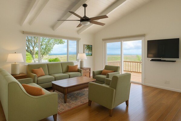 Family-friendly living room with modern decor, entertainment & fast WiFi