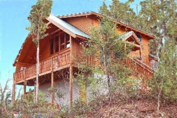 Luxury all wood cabin in a private wooded mountain setting.