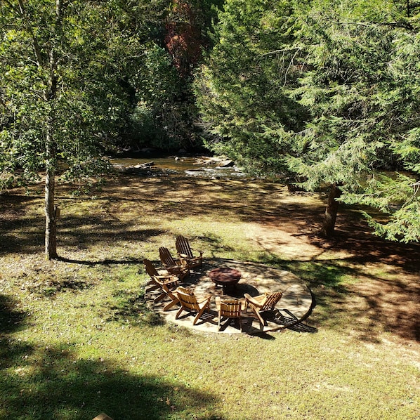 View of river and firepit from main deck.