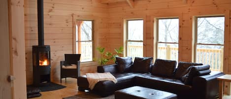 Living Room with Danish Wood Burning Stove and Leather Sofa