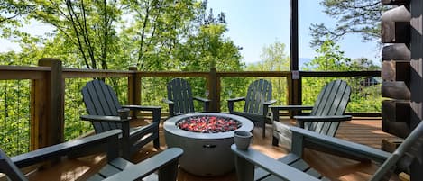 Gas fire pit on our wrap around deck