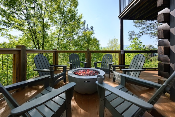 Gas fire pit on our wrap around deck