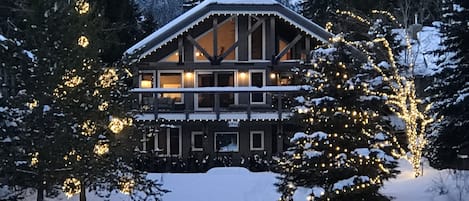 View of the Northwood Chalet in Winter with Christmas lights - winter wonderland