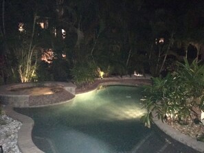 Pool lighting and auto lighting amongst the tropical planting