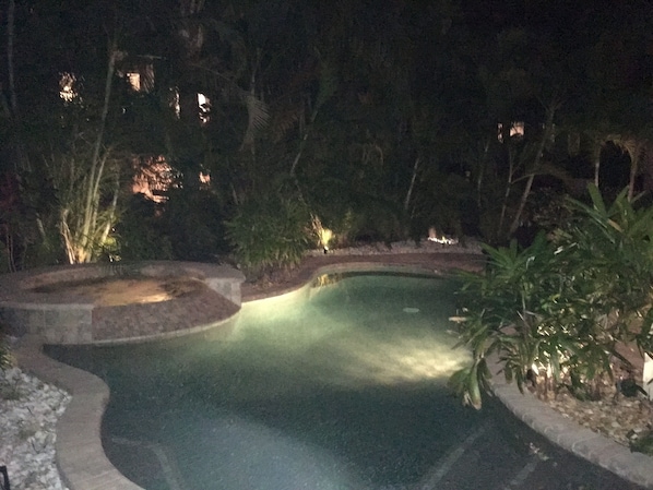 Pool lighting and auto lighting amongst the tropical planting