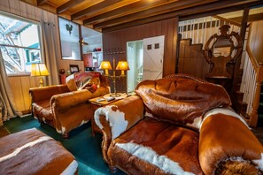 Welcoming living room with wood burning stove