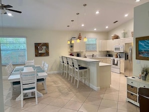 Fully equipped kitchen with breakfast bar, Keurig, toaster, blender