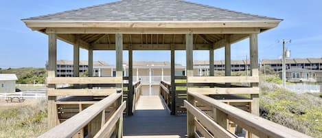 2 gazebos with seating on property.