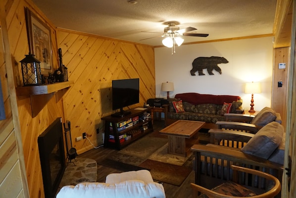 Living Room with TV and DVD player.  Couch converts to queen bed. 