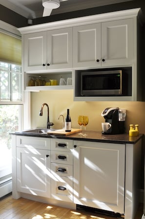 Kitchenette includes sink, mini fridge, microwave, utensils, dish ware, and doff