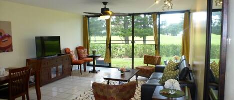 at the living room with a view to the golf course.