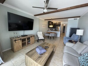 Living room with a 75" smart TV