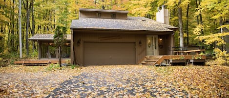 Blends elements of mid-century modern with cozy cabin in the woods