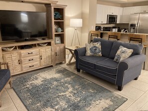 Large smart TV; DVD player.
