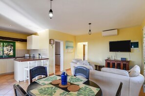 living area, tv, air conditioning and heating, wifi internet