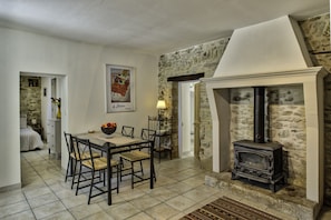 living room with wood burner