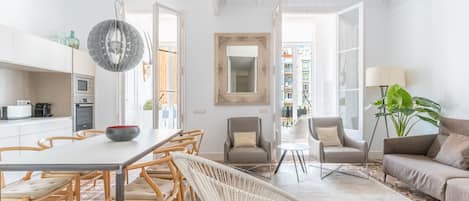 living room and dining area