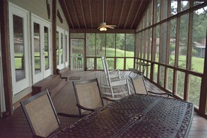 large, wrap around deck with great views.  Best place for morning coffee